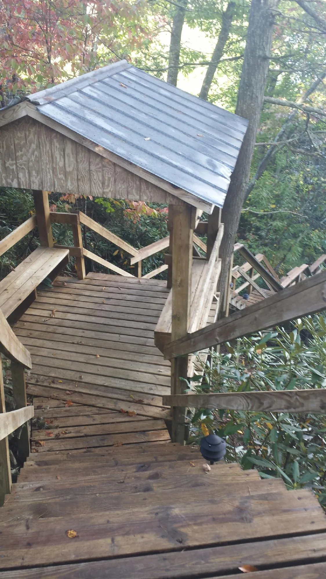 Metal roofed shelter over wooden steps on a wooded walkway — Skylight Repair & Installation work by our crew in Winona Lake